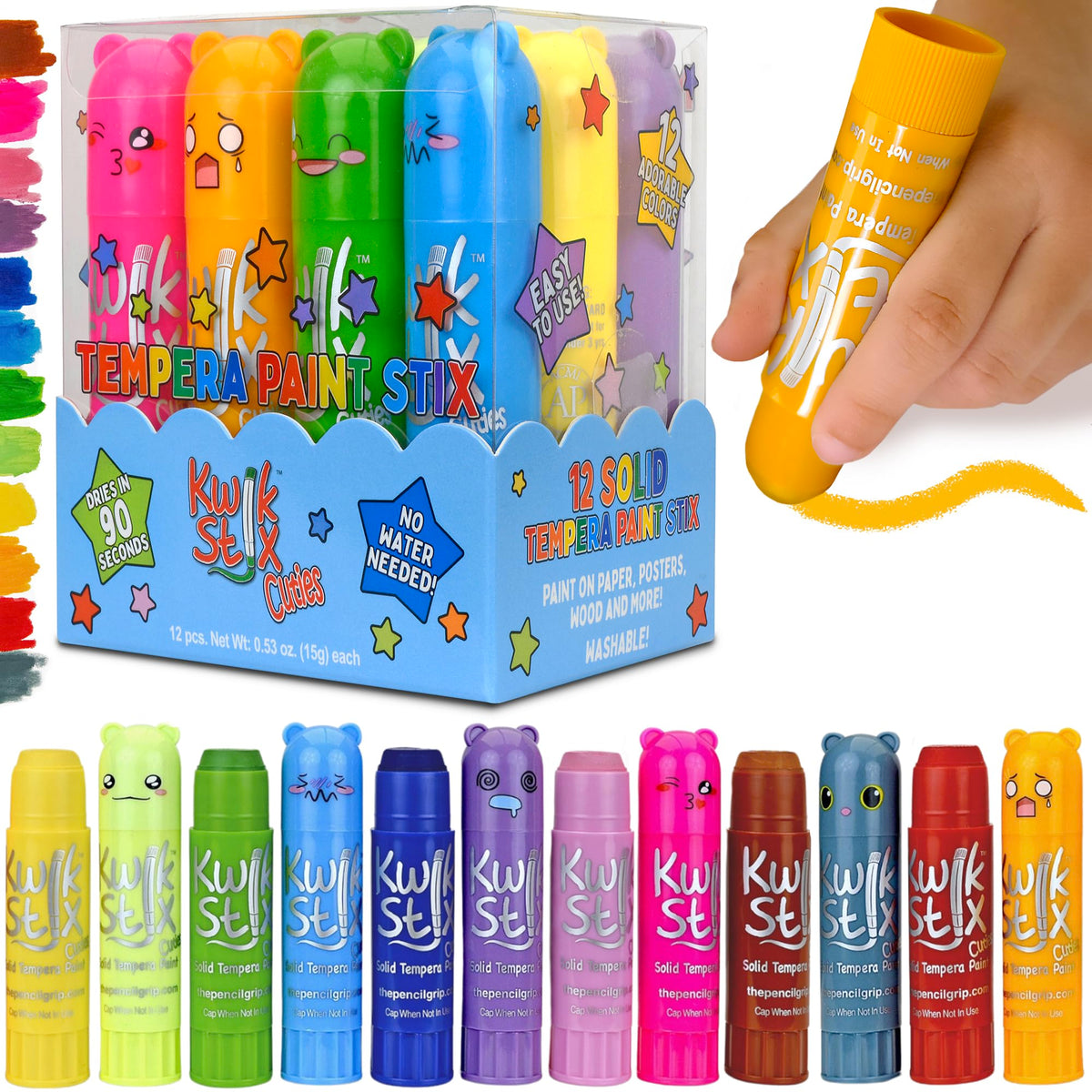 Kwik Stix Cuties cute-caps for mess-free kids' art time.
