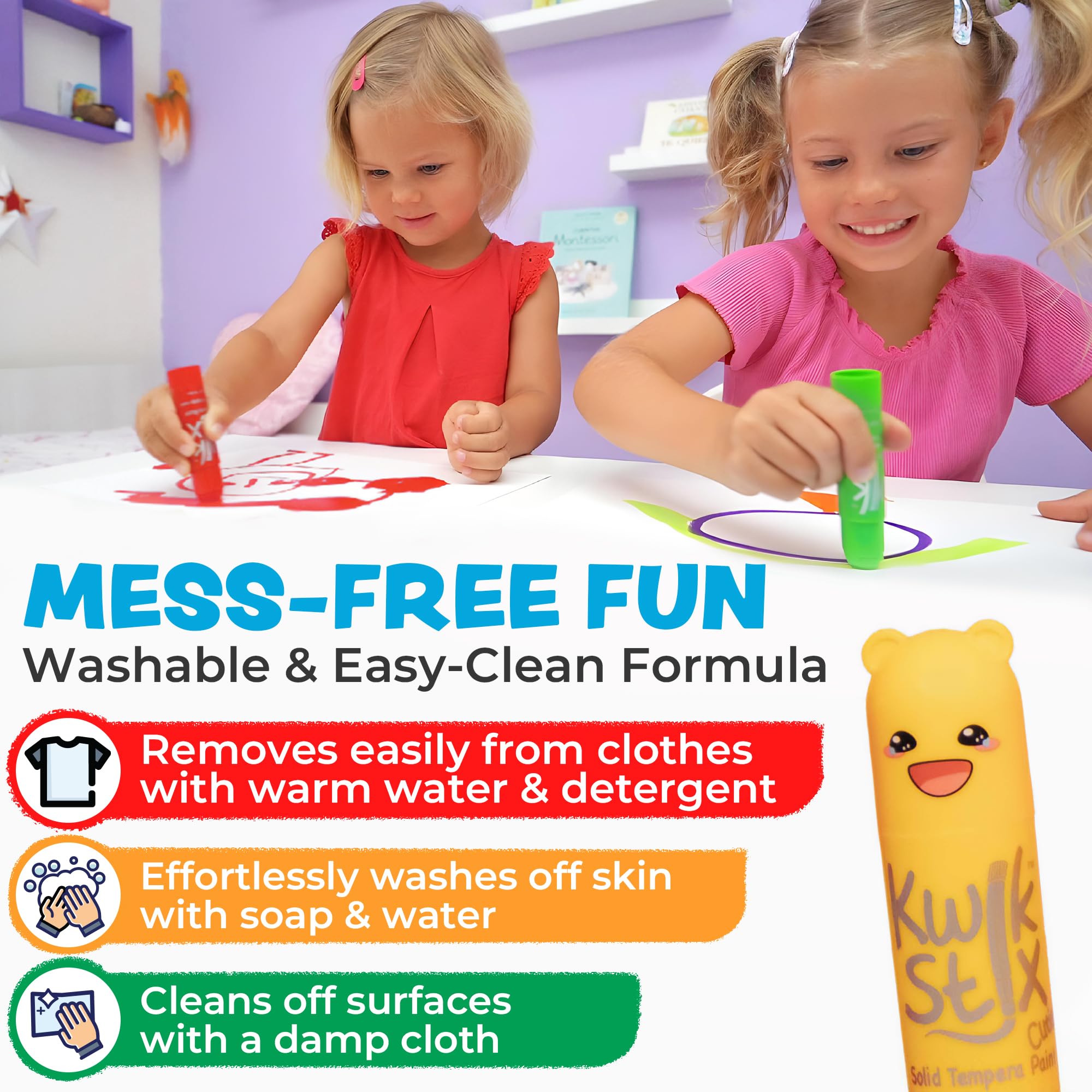 Kwik Stix Cuties washable formula cleans hands easily after crafting.