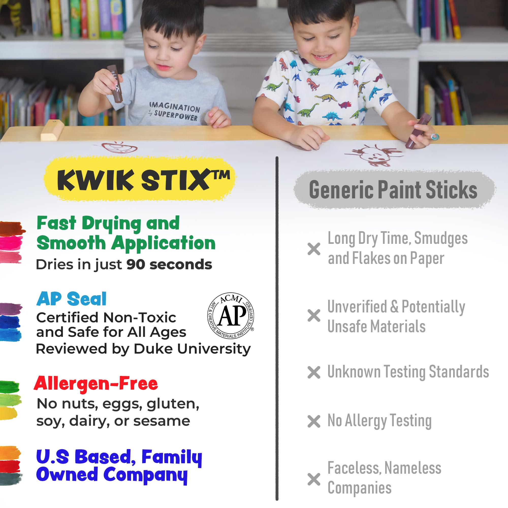 Kwik Stix twist-up mechanism makes painting easy for little hands.