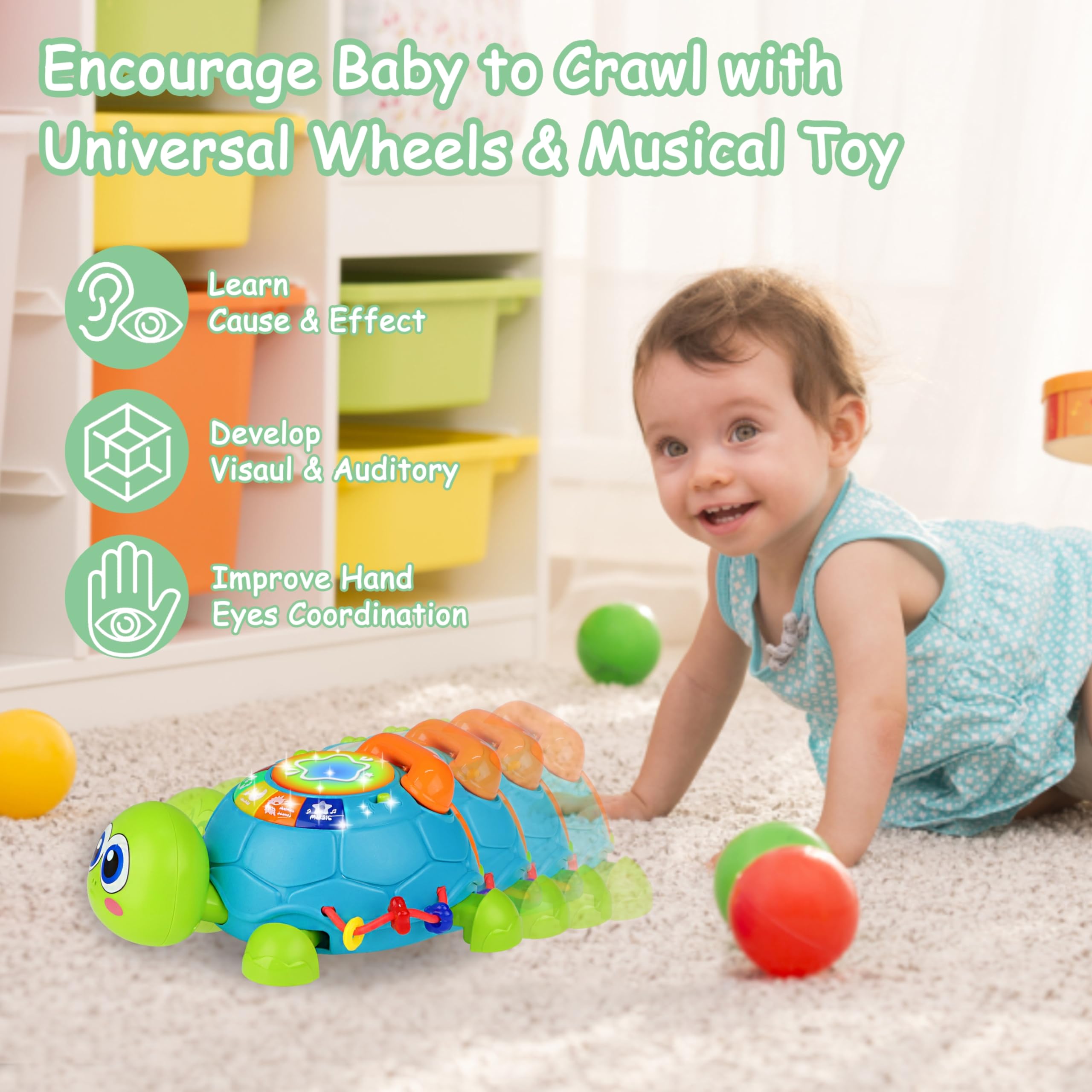 KWYZ Musical Turtle Crawling Toy buttons-sounds illustrate cause-and-effect during interactive play.