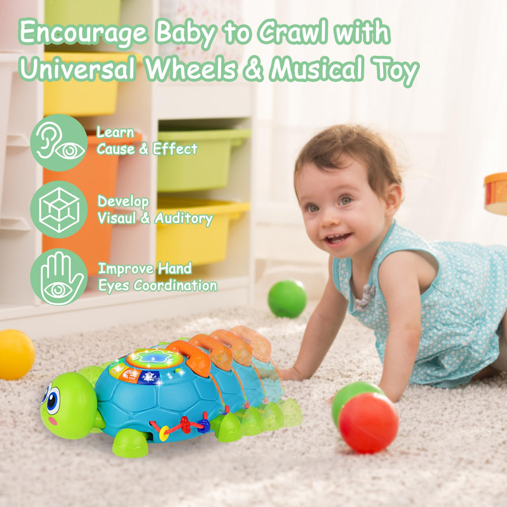 KWYZ Musical Turtle Crawling Toy buttons-sounds illustrate cause-and-effect during interactive play.