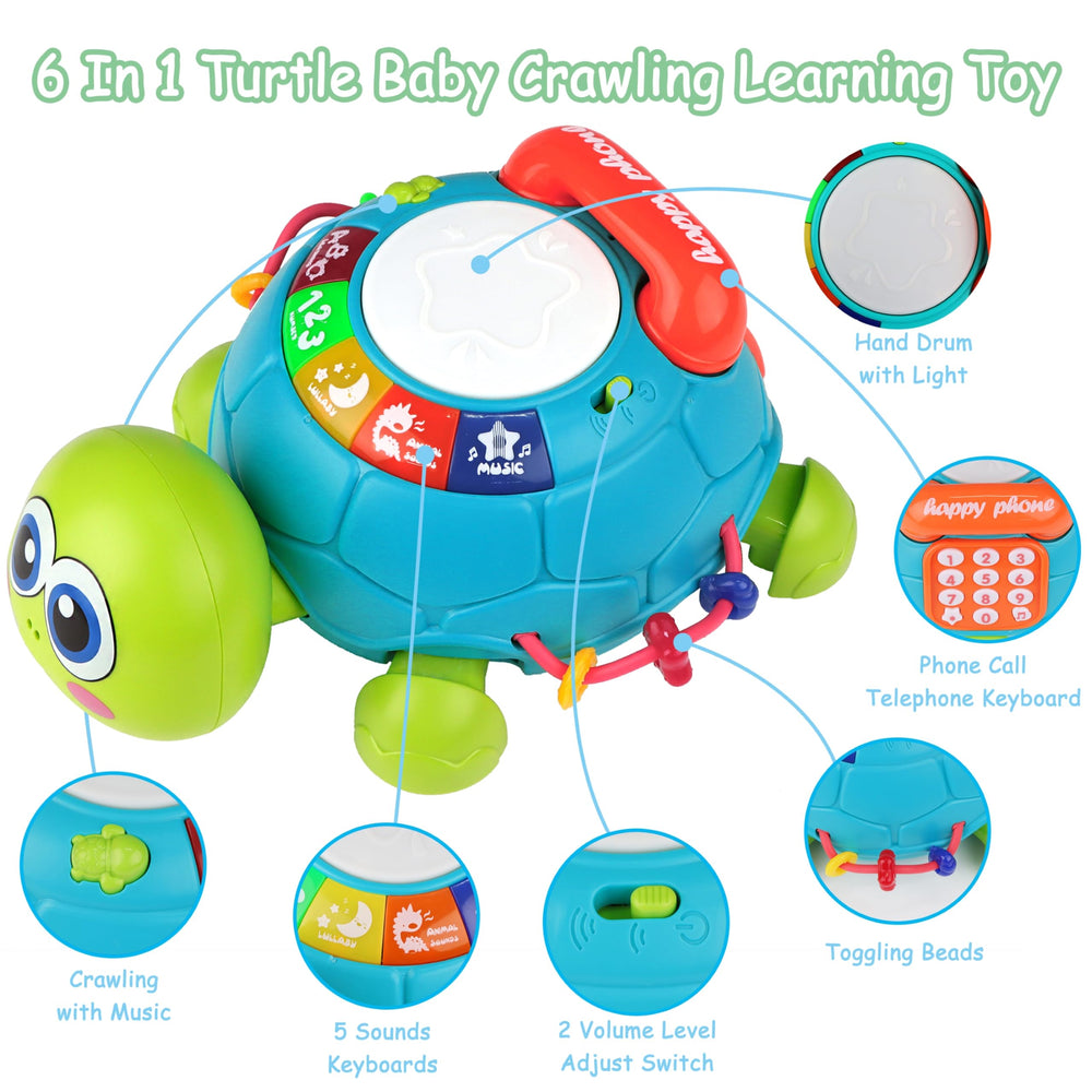 KWYZ Musical Turtle Crawling Toy pretend phone mode fosters early communication through role-play.