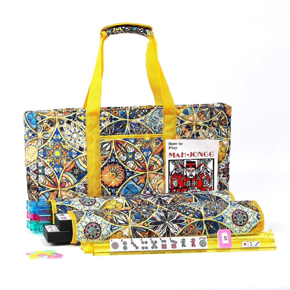 Kyerlish American Mahjong tile set with yellow bag for travel-friendly play