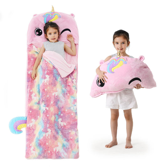 Kyerlish unicorn sleeping bag closed for cozy nights and travel.