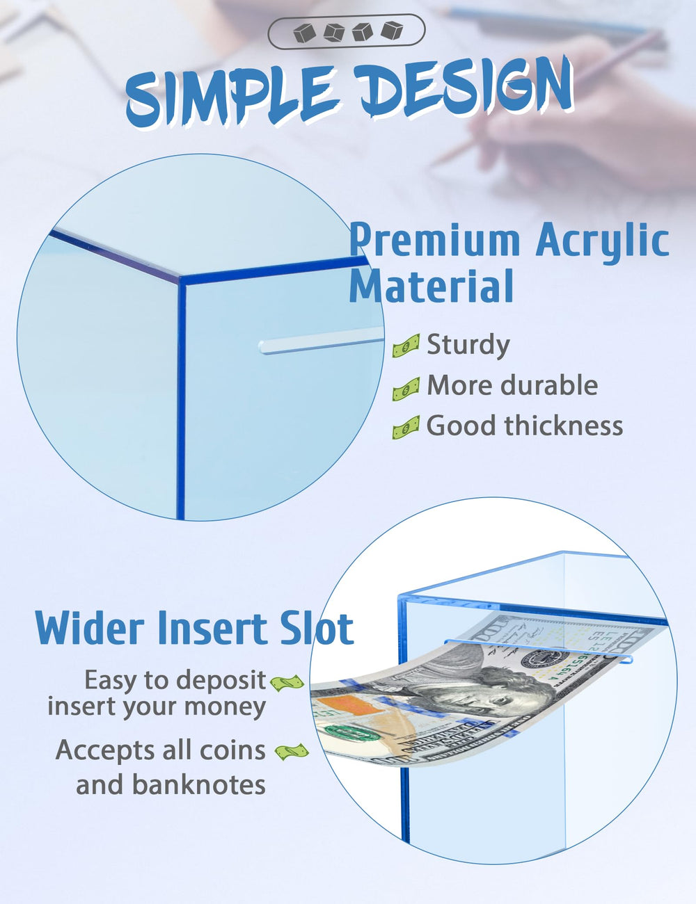 Kypeeka blue acrylic piggy bank with coins visible reinforces progress