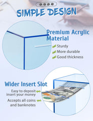 Kypeeka blue acrylic piggy bank with coins visible reinforces progress