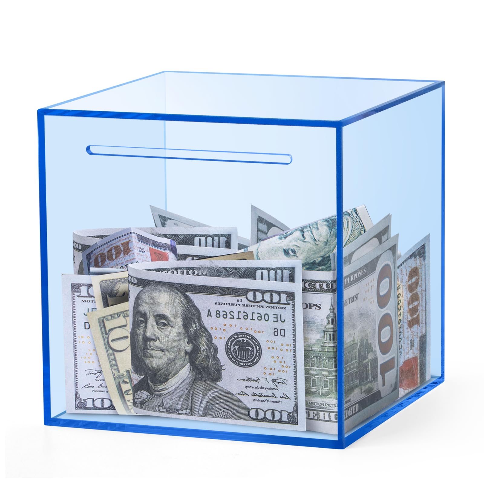 Kypeeka blue acrylic piggy bank front view showing clear savings visualization for motivation