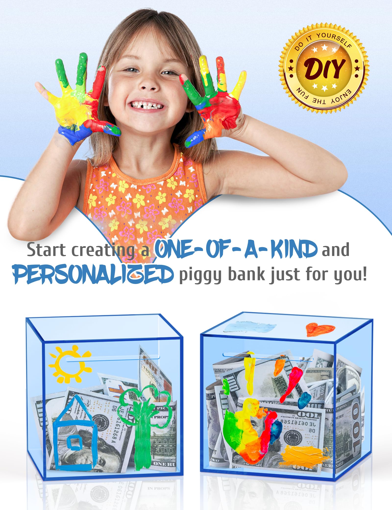 Kypeeka blue acrylic piggy bank with pattern sticker adds playful inspiration