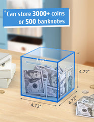 Kypeeka blue acrylic piggy bank side view demonstrates compact storage for coins and bills