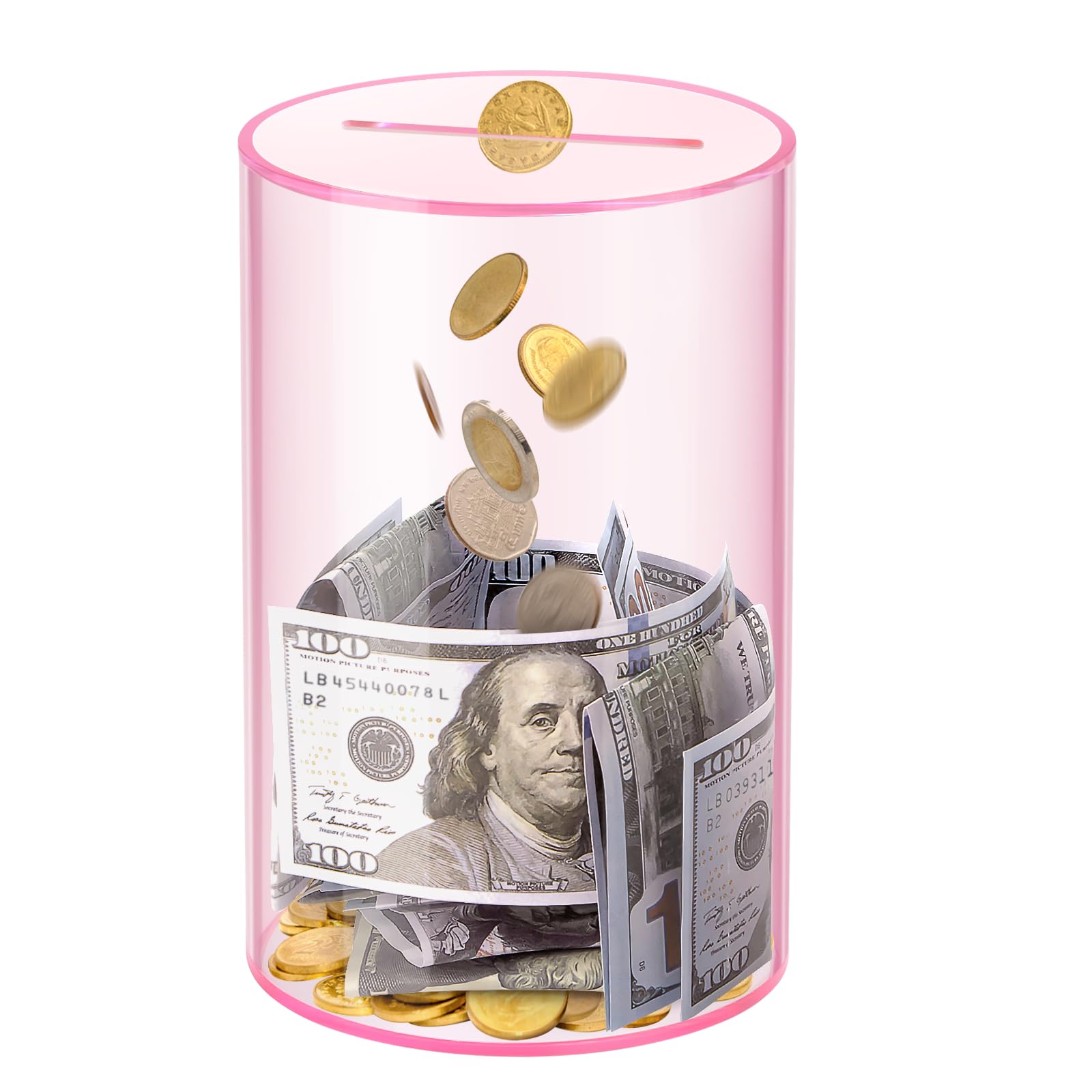 Kypeeka clear pink piggy bank front view, 8-inch tall, ideal for visual savings.