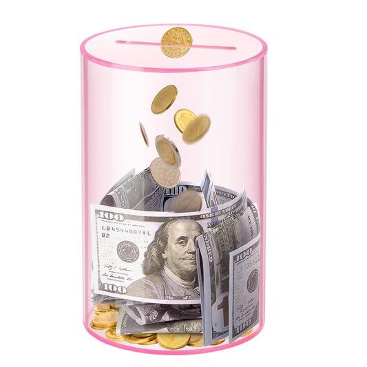 Kypeeka clear pink piggy bank front view, 8-inch tall, ideal for visual savings.