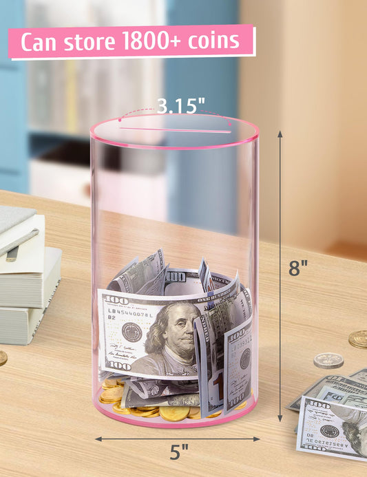 Kypeeka clear pink piggy bank side view, transparent design encourages ongoing savings.