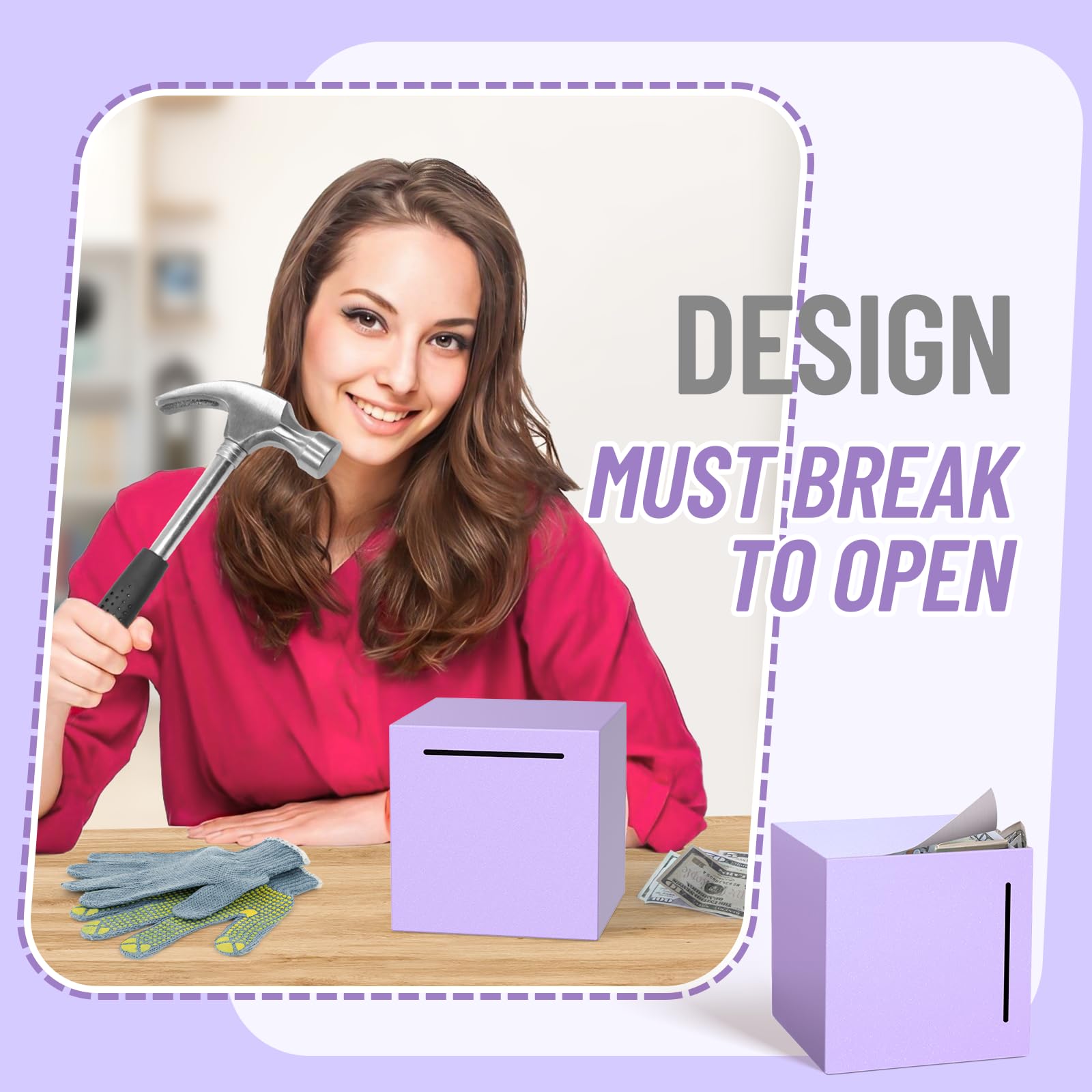 Kypeeka piggy bank purple showcases three-size savings plan for all ages.
