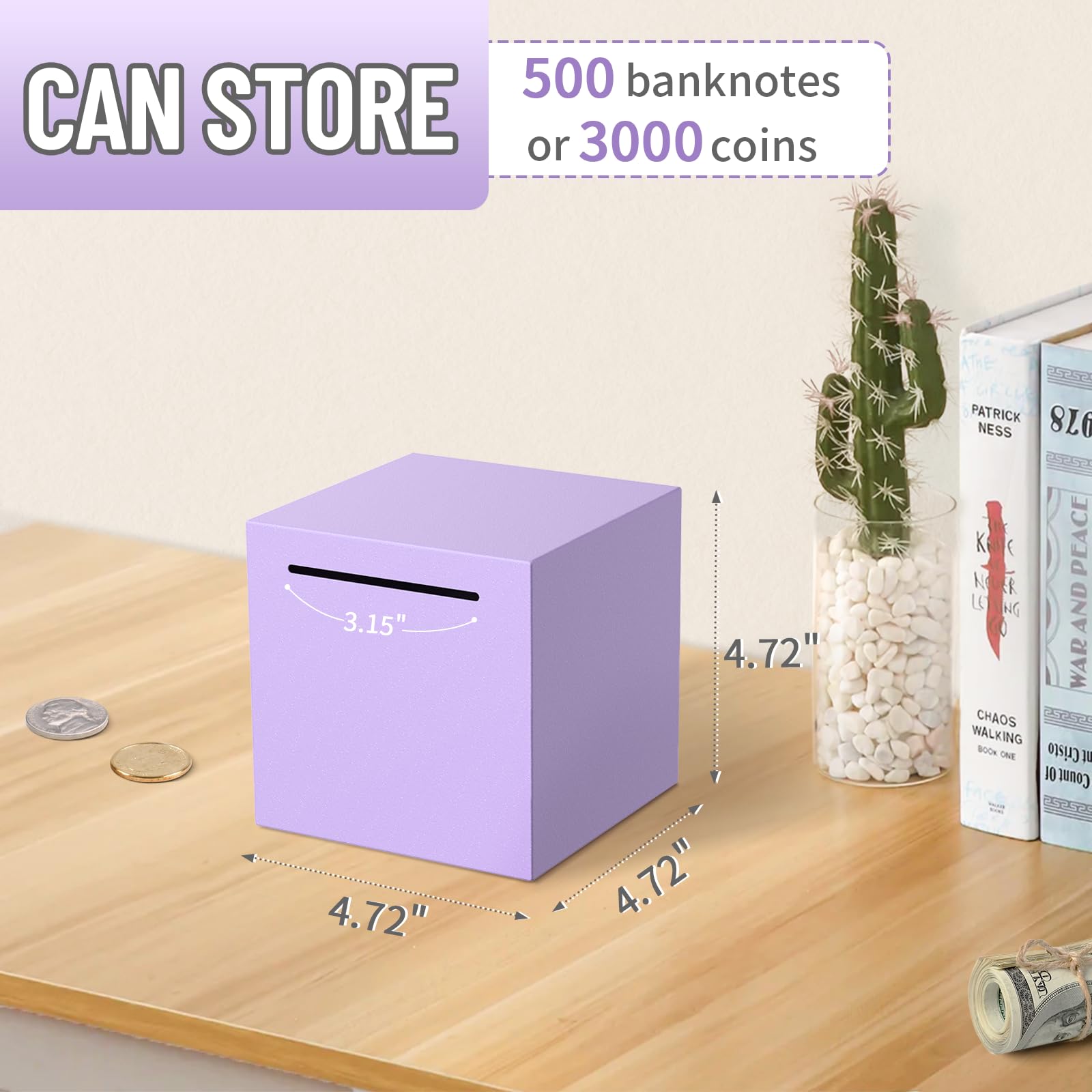 Kypeeka piggy bank purple close-up shows sturdy stainless steel and fingerprint-resistant finish.