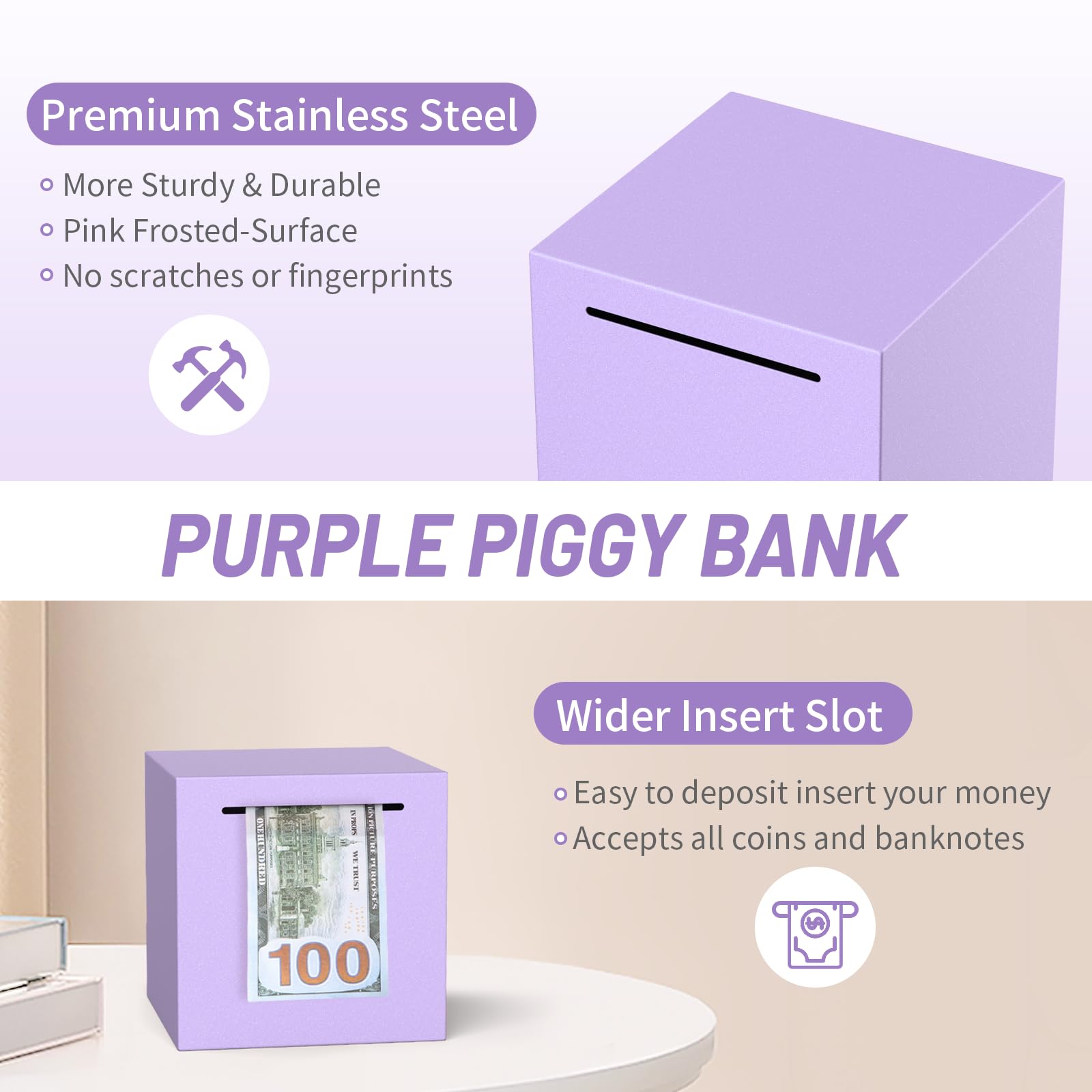 Kypeeka piggy bank purple with coins demonstrates secure storage for savings.