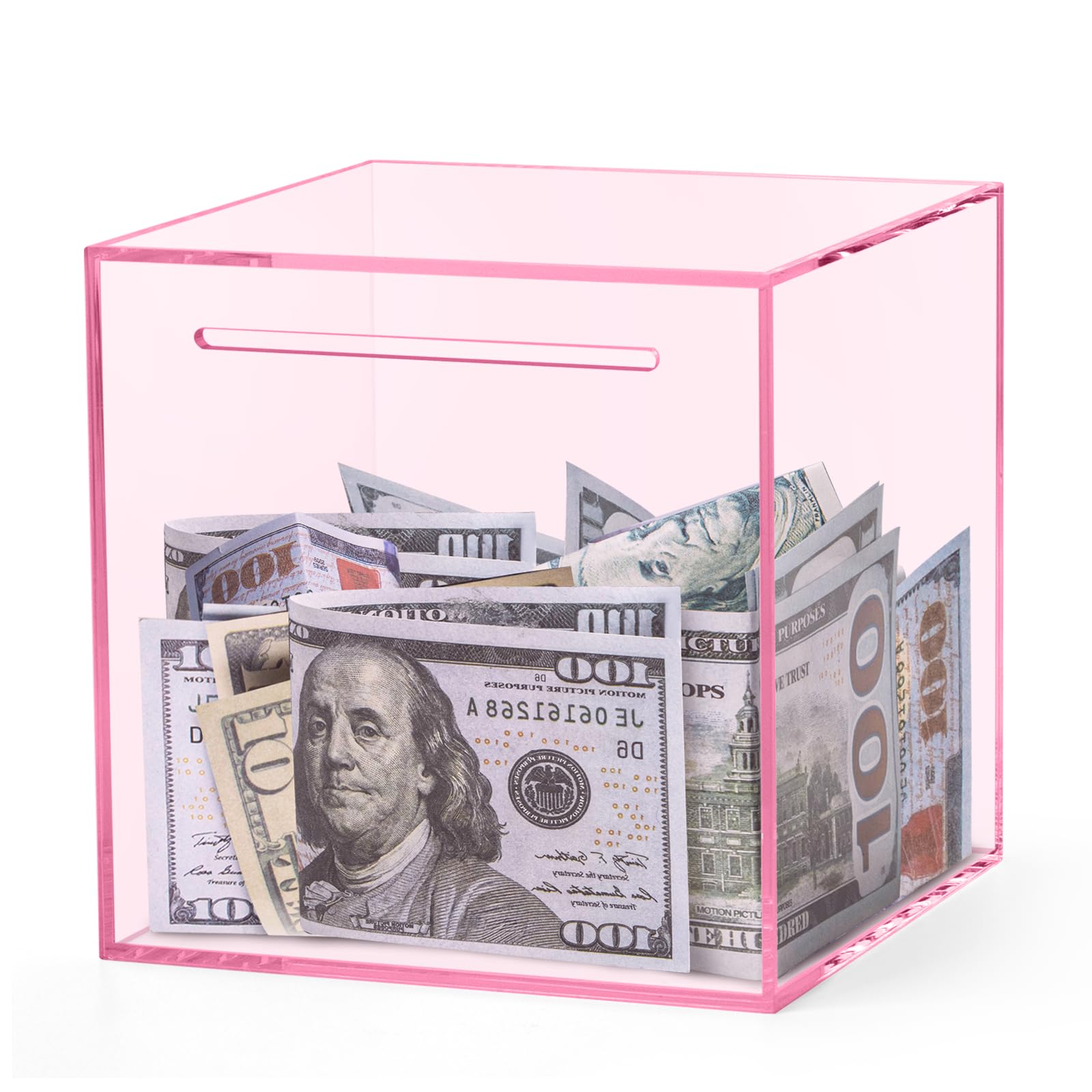 Kypeeka pink acrylic piggy bank front view, transparent to watch savings grow.