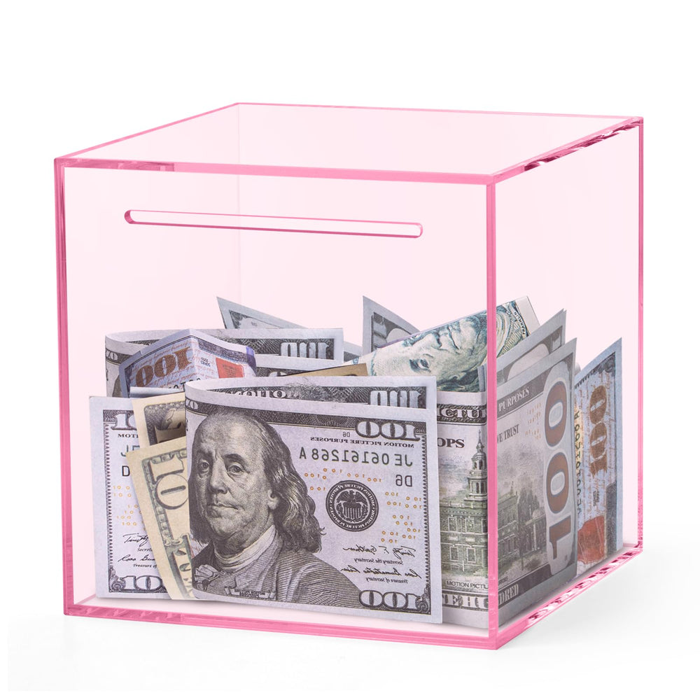 Kypeeka pink acrylic piggy bank front view, transparent to watch savings grow.