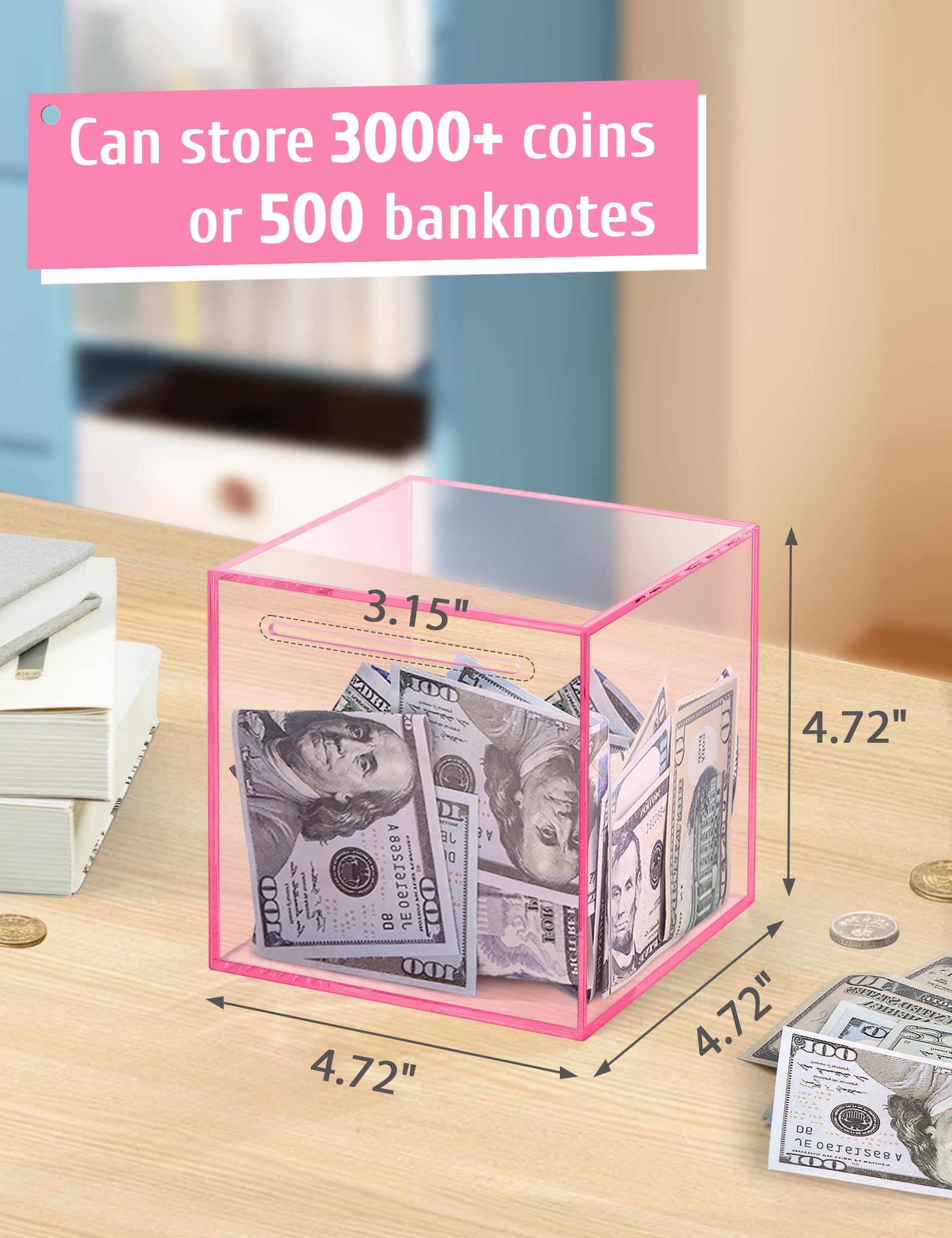 Kypeeka pink piggy bank side view, sleek design doubles as room decor.