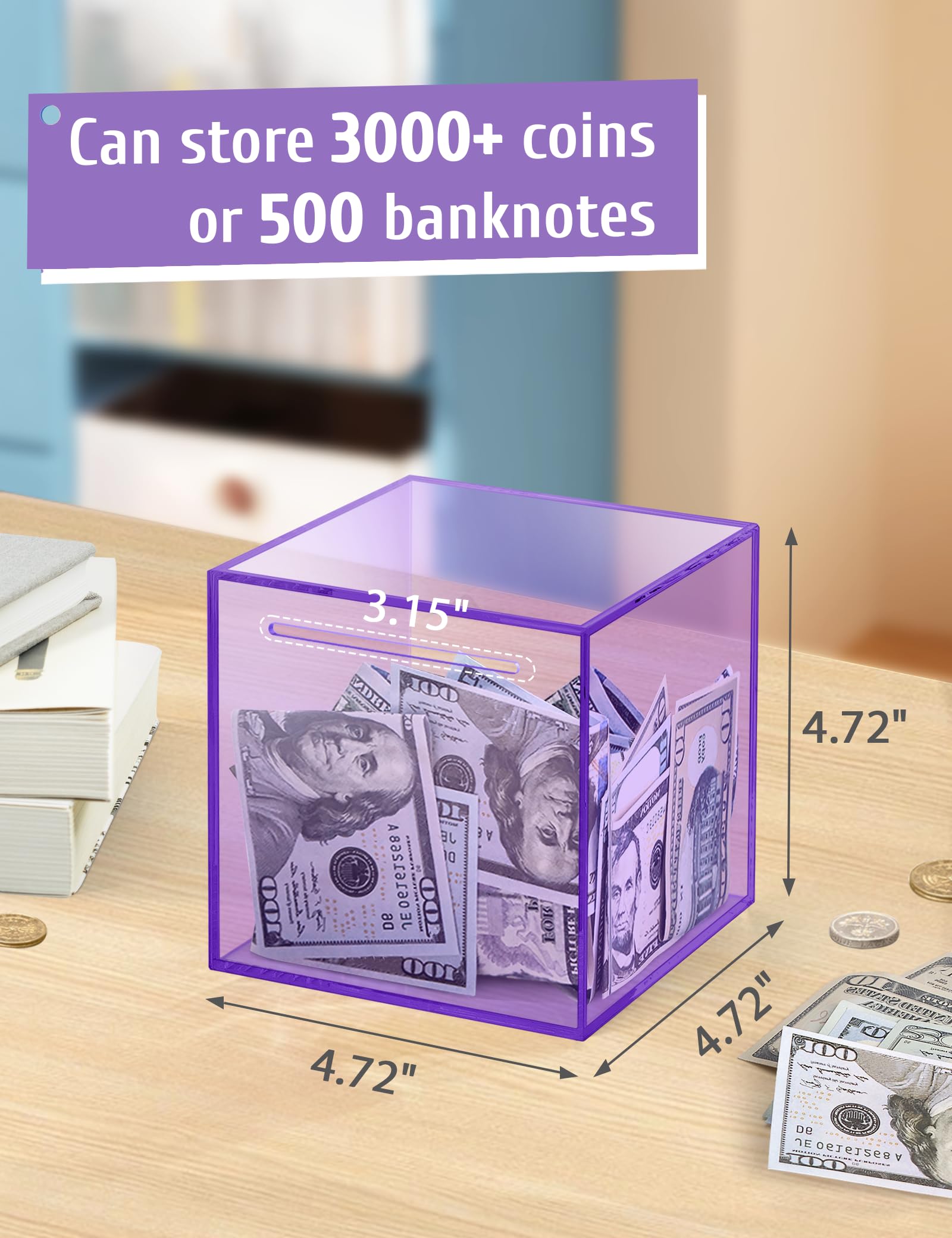 Kypeeka purple acrylic piggy bank clear body showing growing coins and bills