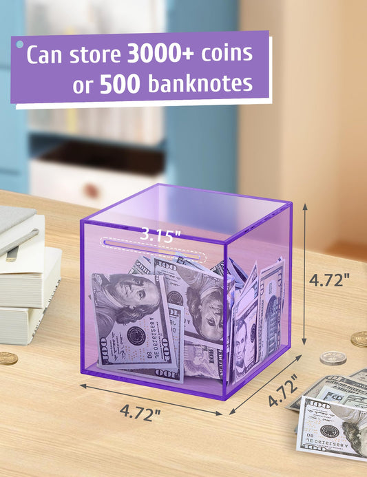 Kypeeka purple acrylic piggy bank clear body showing growing coins and bills