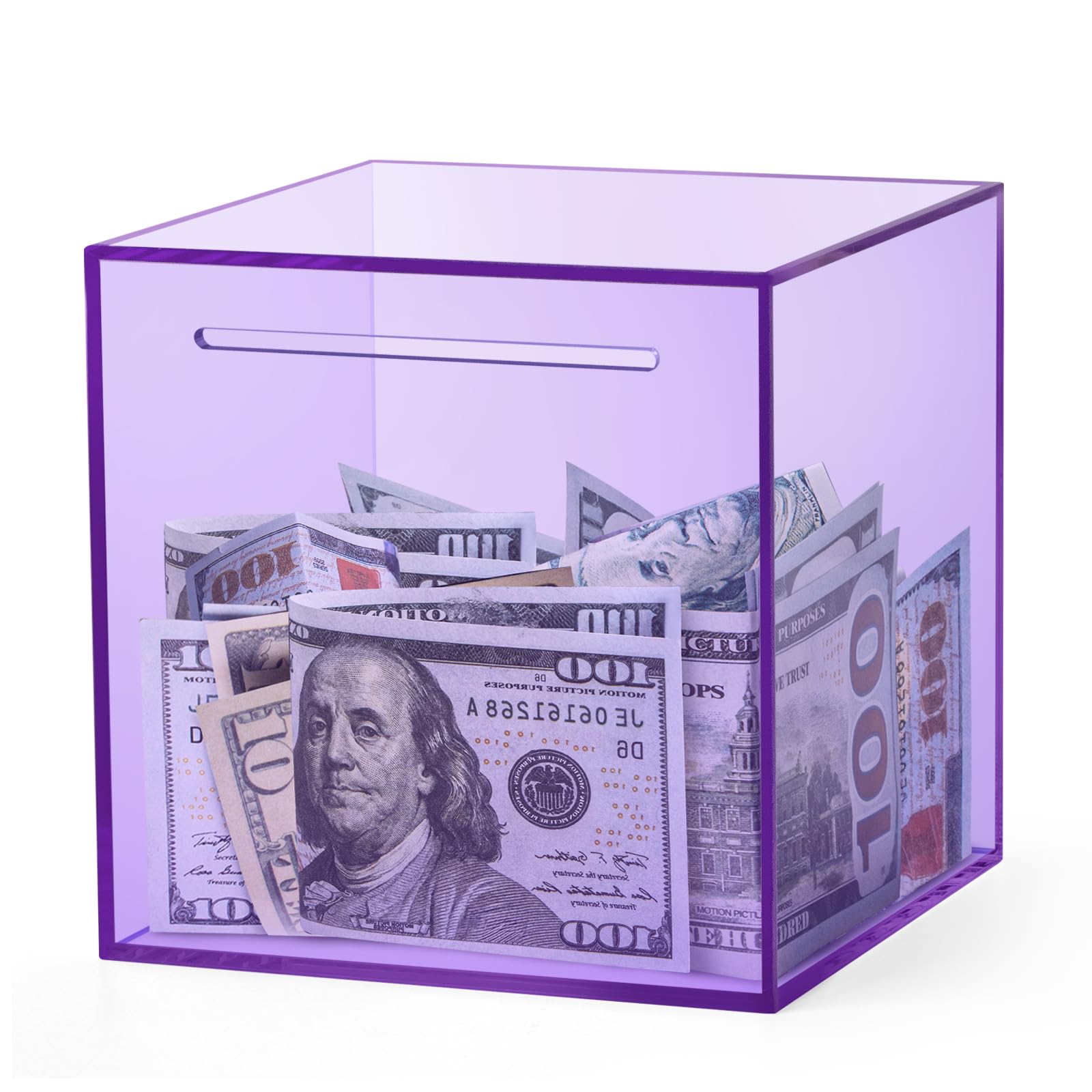 Kypeeka purple acrylic piggy bank front view, eye catching display to motivate savings