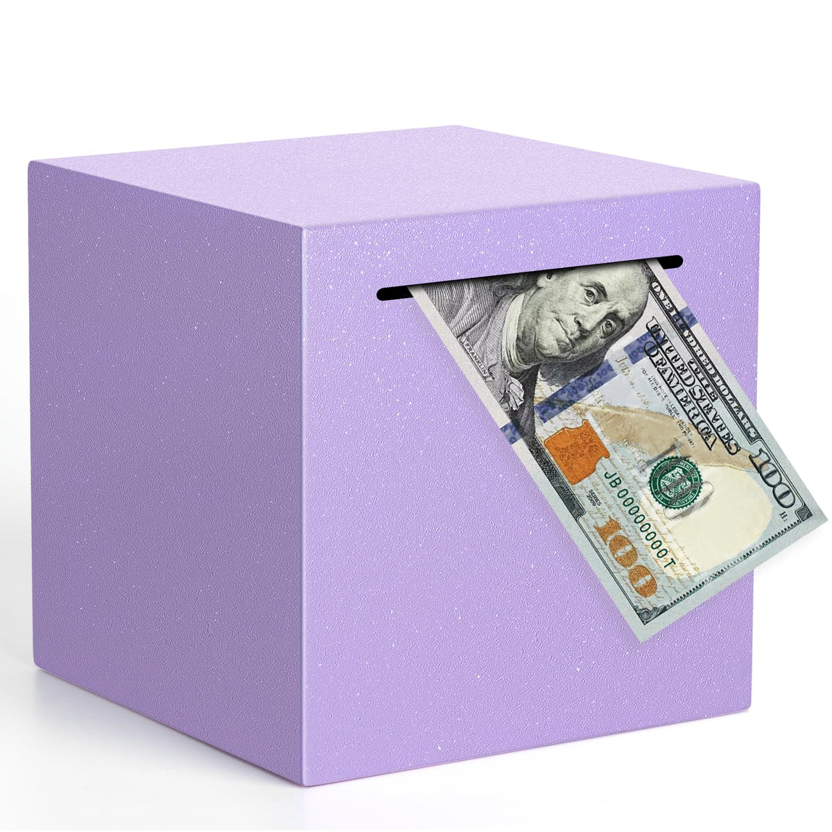 Kypeeka unbreakable piggy bank purple on desk keeps cash safe while you save.