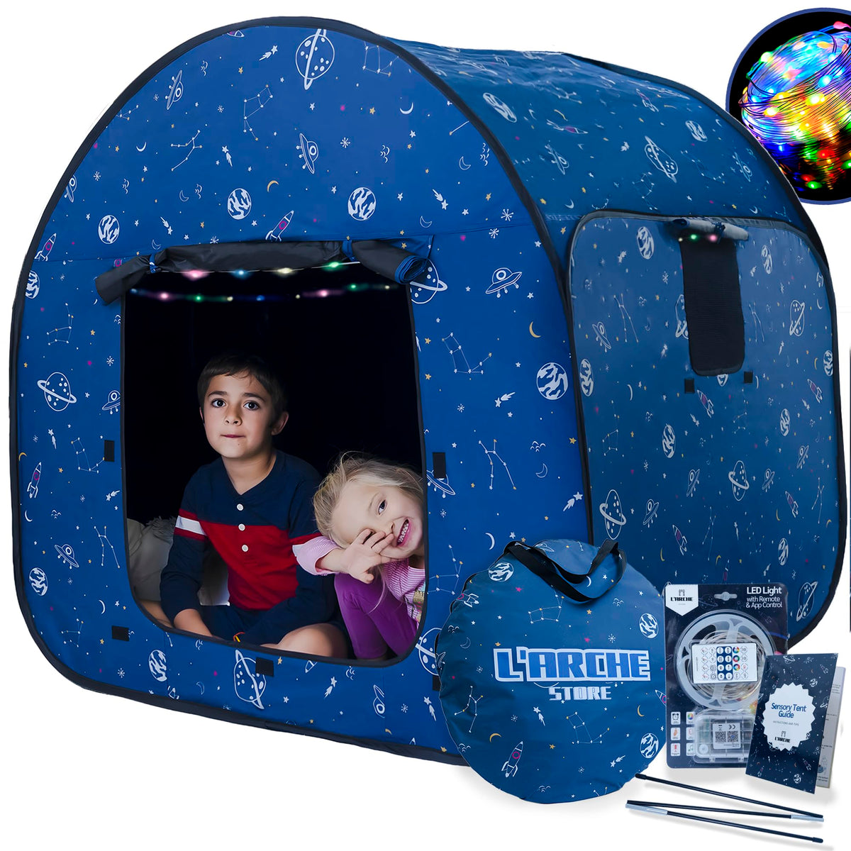 L'Arche Sensory Tent with LED lights in space theme for calming indoors