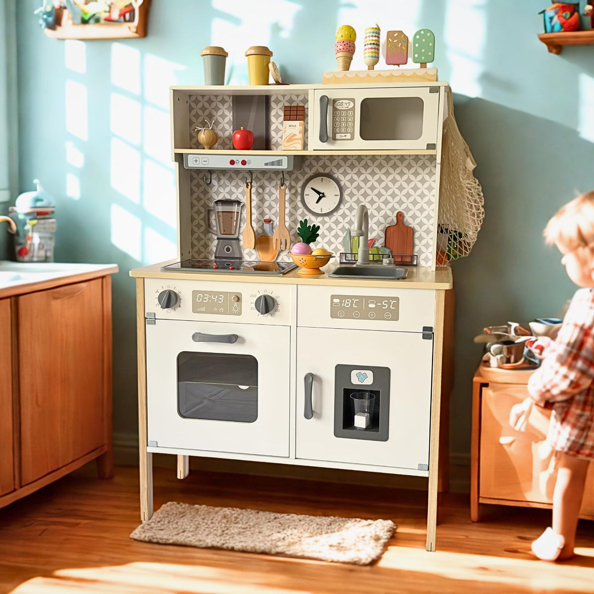 La Premura Wooden Play Kitchen with Real Sink highlights immersive water play for toddlers