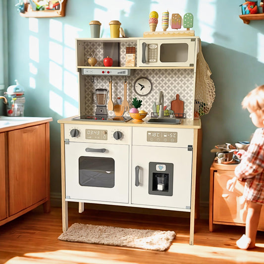 La Premura Wooden Play Kitchen with Real Sink highlights immersive water play for toddlers