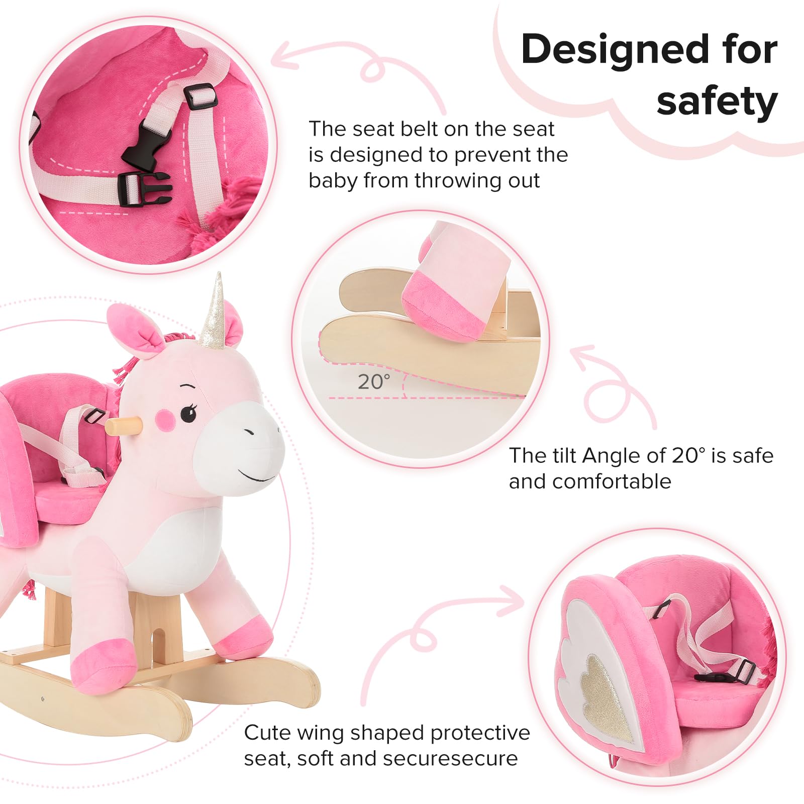 Labebe rocker safety belt detail emphasizes 3-sides seat security.