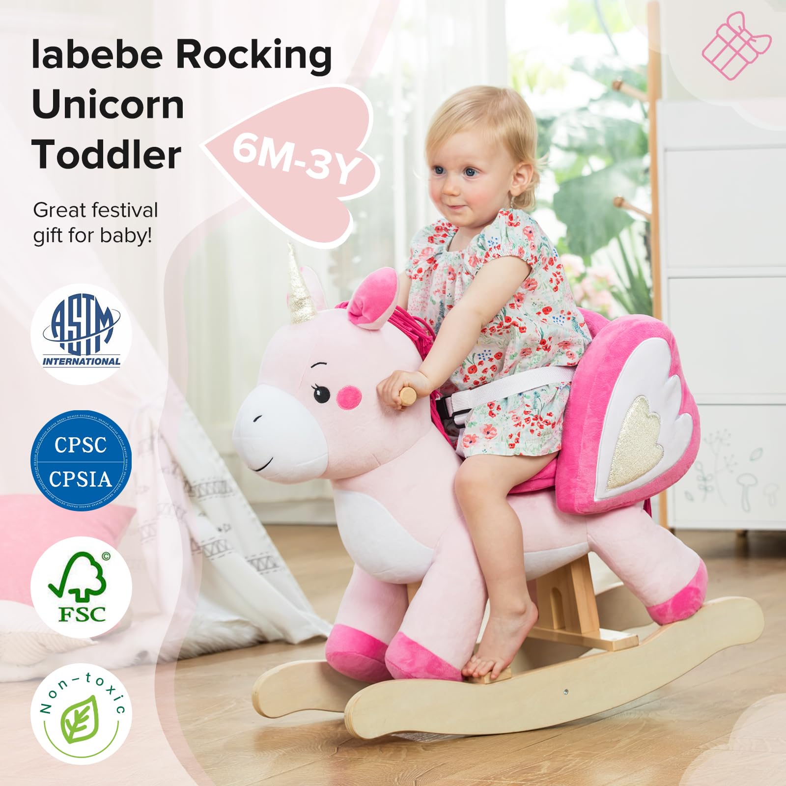 Labebe unicorn rocker seat detail highlights soft plush and secure belt.