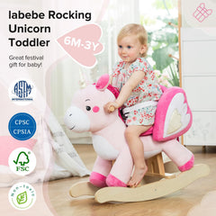 Labebe unicorn rocker seat detail highlights soft plush and secure belt.
