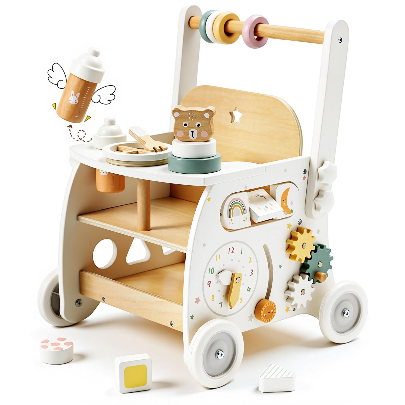 Labebe wooden baby walker with doll stroller supports early walking and imaginative play.