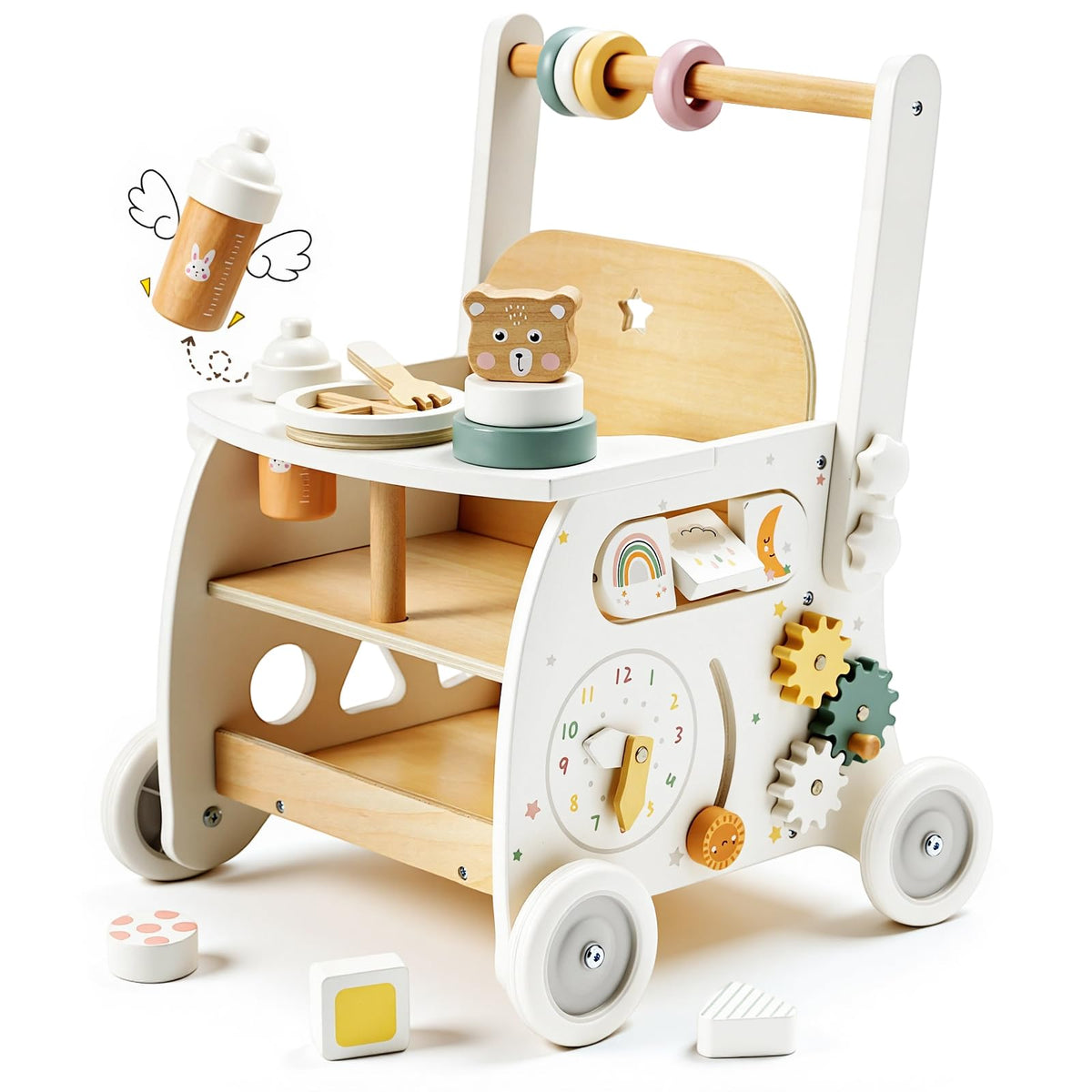 Labebe wooden baby walker with doll stroller supports early walking and imaginative play.