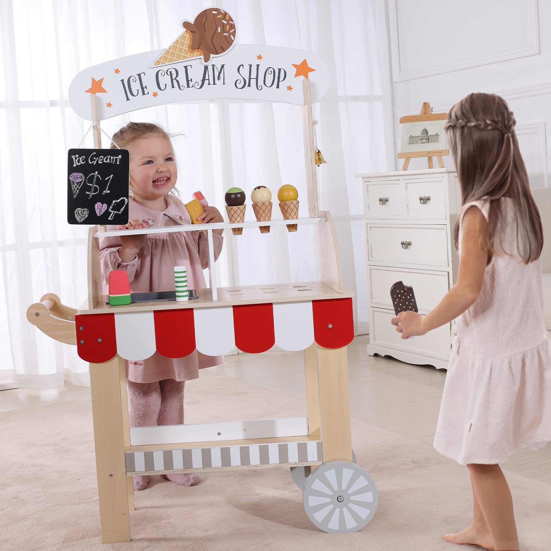 Labebe wooden ice cream cart magnetic cones close-up to boost interactive role-play.