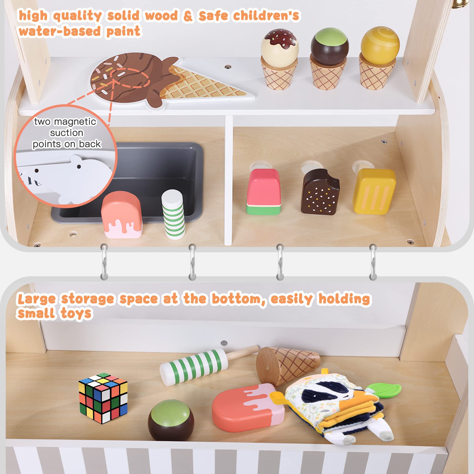 Labebe chalkboard on cart rear offers customizable menus during story-time play.