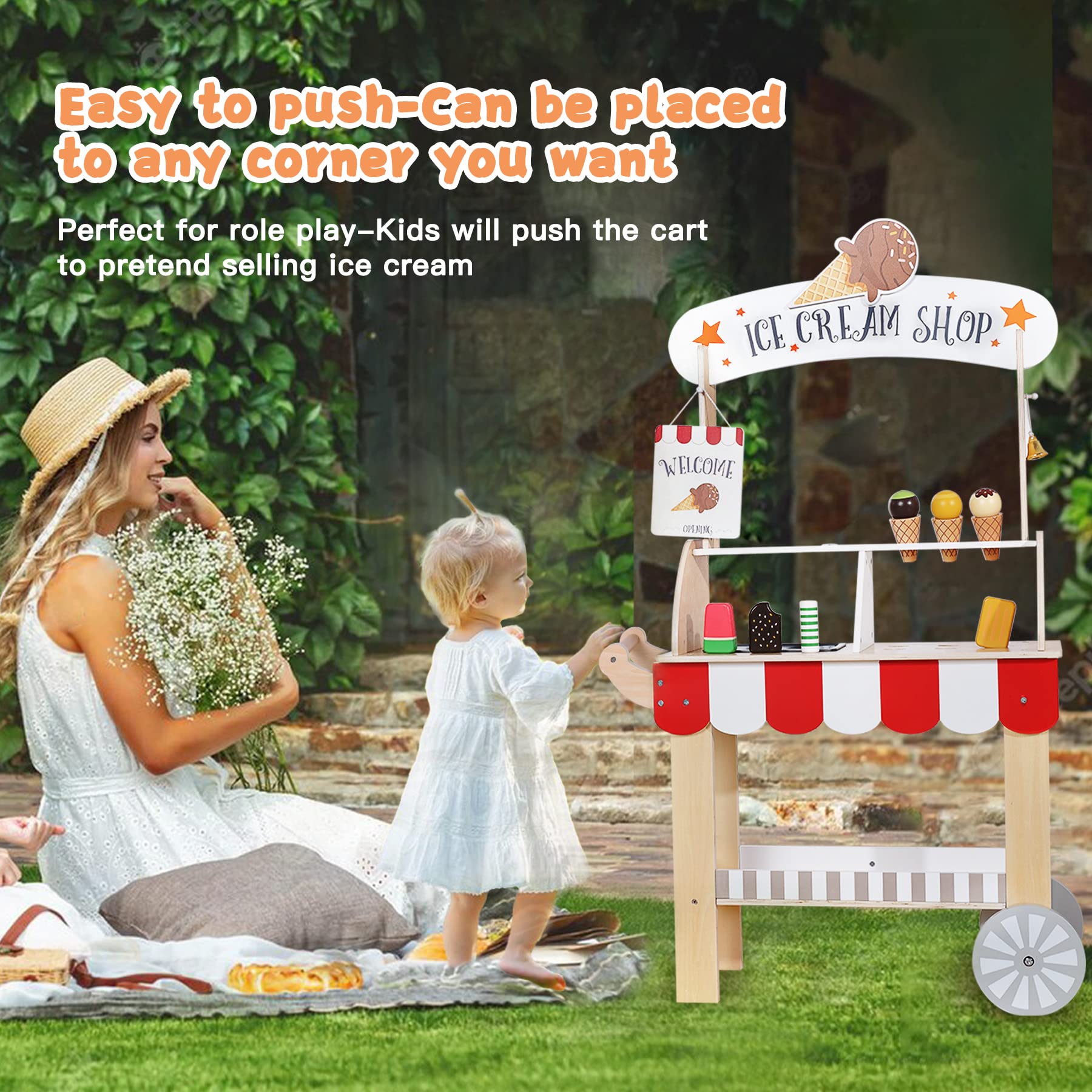 Labebe wooden ice cream cart top view highlighting dual serving surfaces for imaginative play.