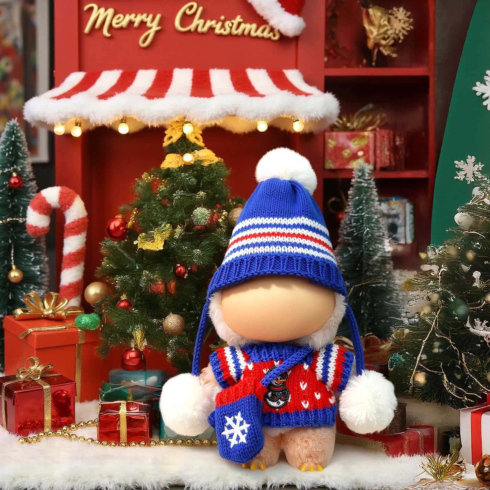 LABUBU blue Christmas bag completes the outfit for gift-ready display.