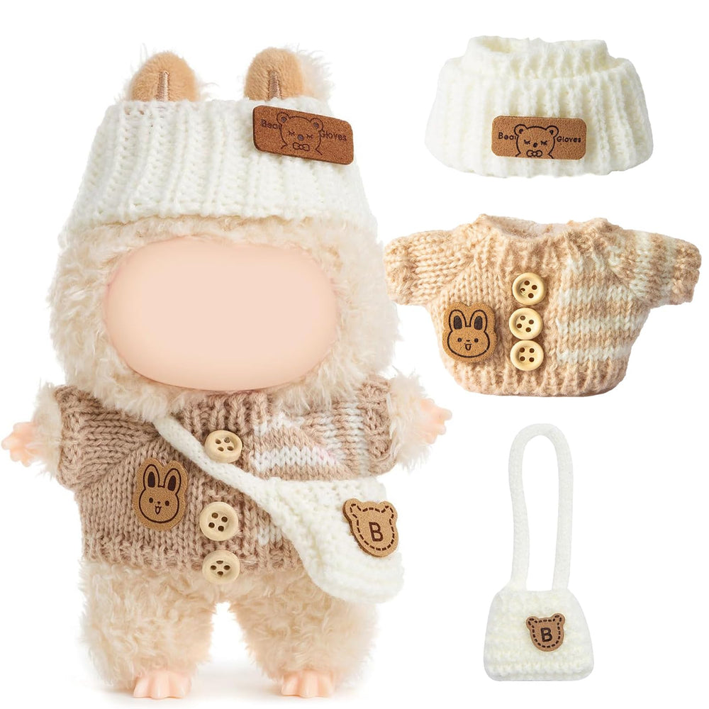 Labubu 17cm doll bunny sweater close-up shows cozy crochet for stylish dress-up.