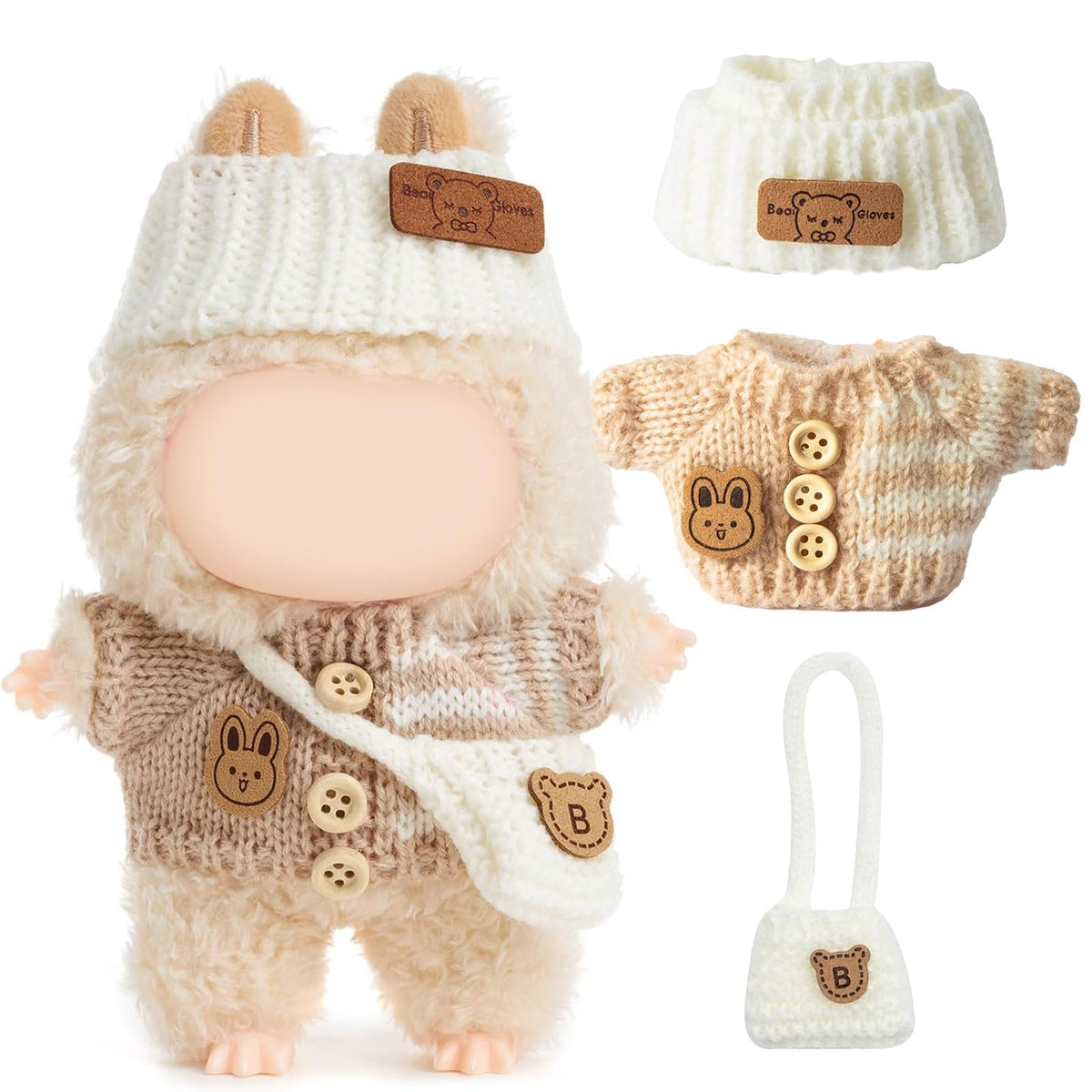 Labubu 17cm doll bunny sweater close-up shows cozy crochet for stylish dress-up.