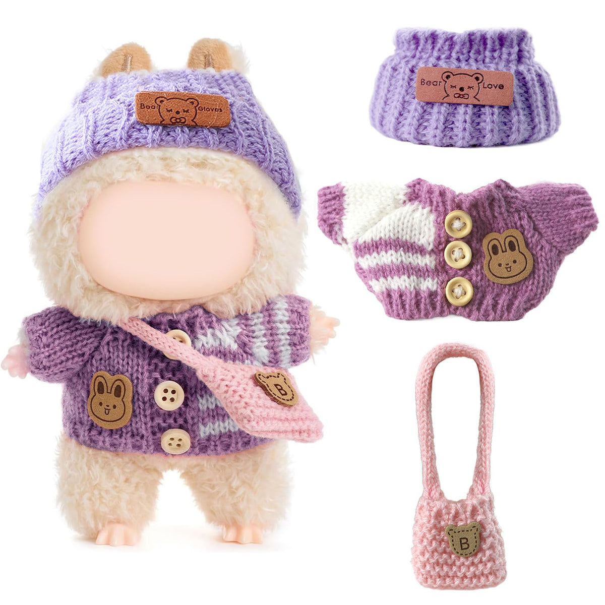 Labubu 17cm doll outfit with bunny sweater for charming dress-up.