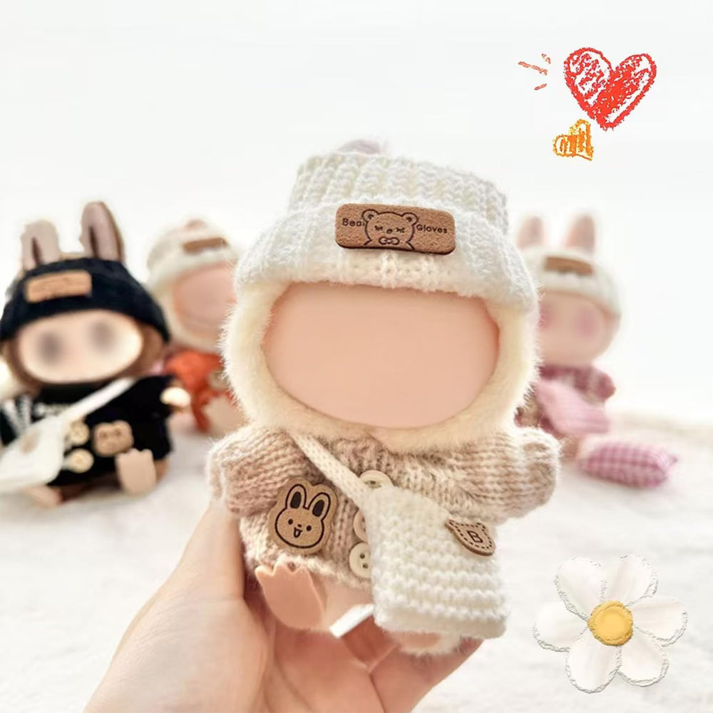 Labubu full-look flatlay shows versatile dress-up options for 17cm dolls.