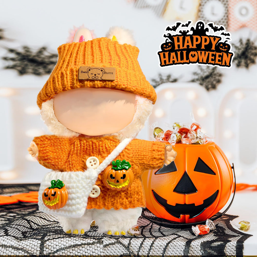 Labubu doll pumpkin bag detail; keeps accessories organized