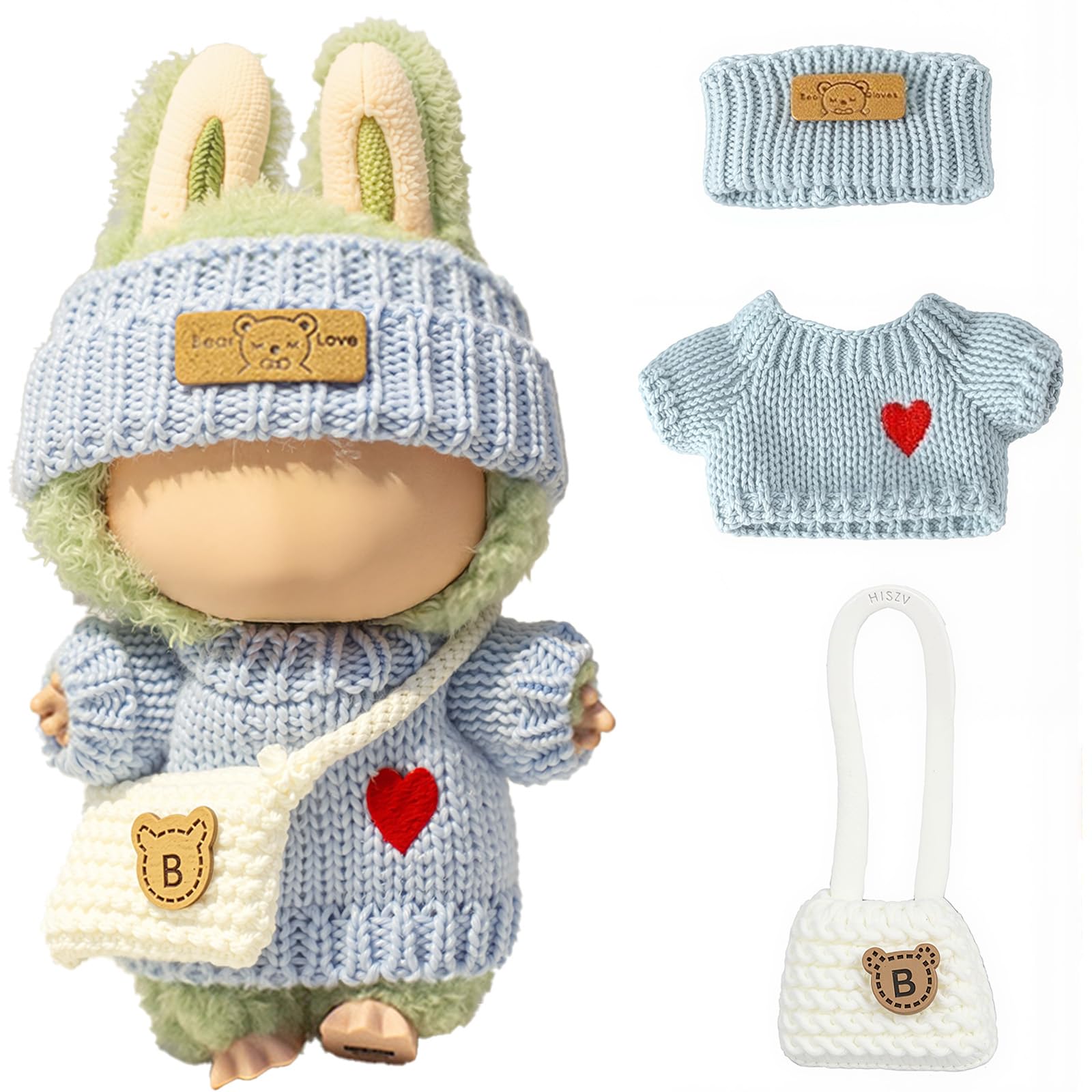 LABUBU heart sweater for 17cm doll, cozy knit and stylish look in blue.