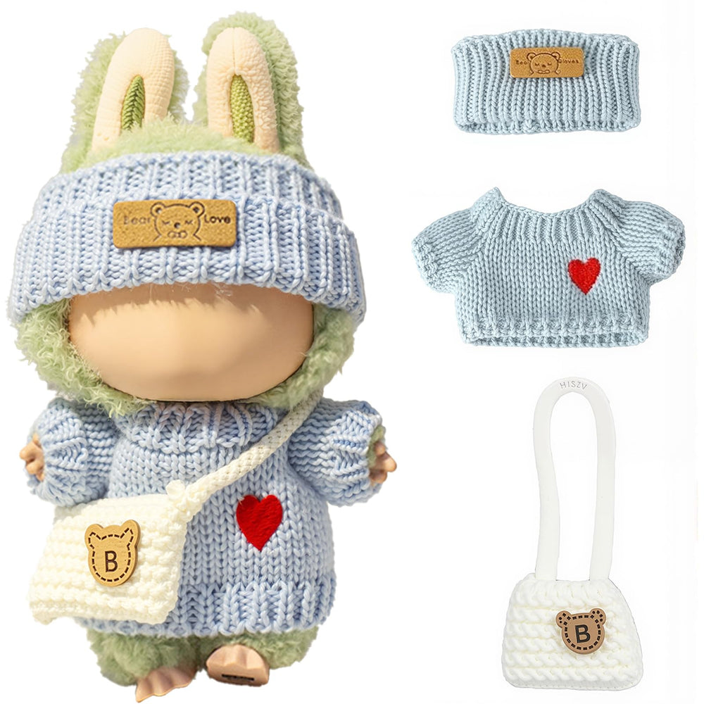 LABUBU heart sweater for 17cm doll, cozy knit and stylish look in blue.