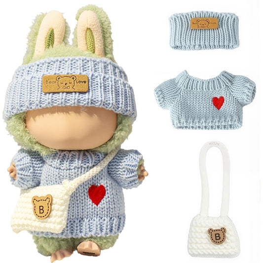 LABUBU heart sweater for 17cm doll, cozy knit and stylish look in blue.