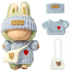 LABUBU heart sweater for 17cm doll, cozy knit and stylish look in blue.