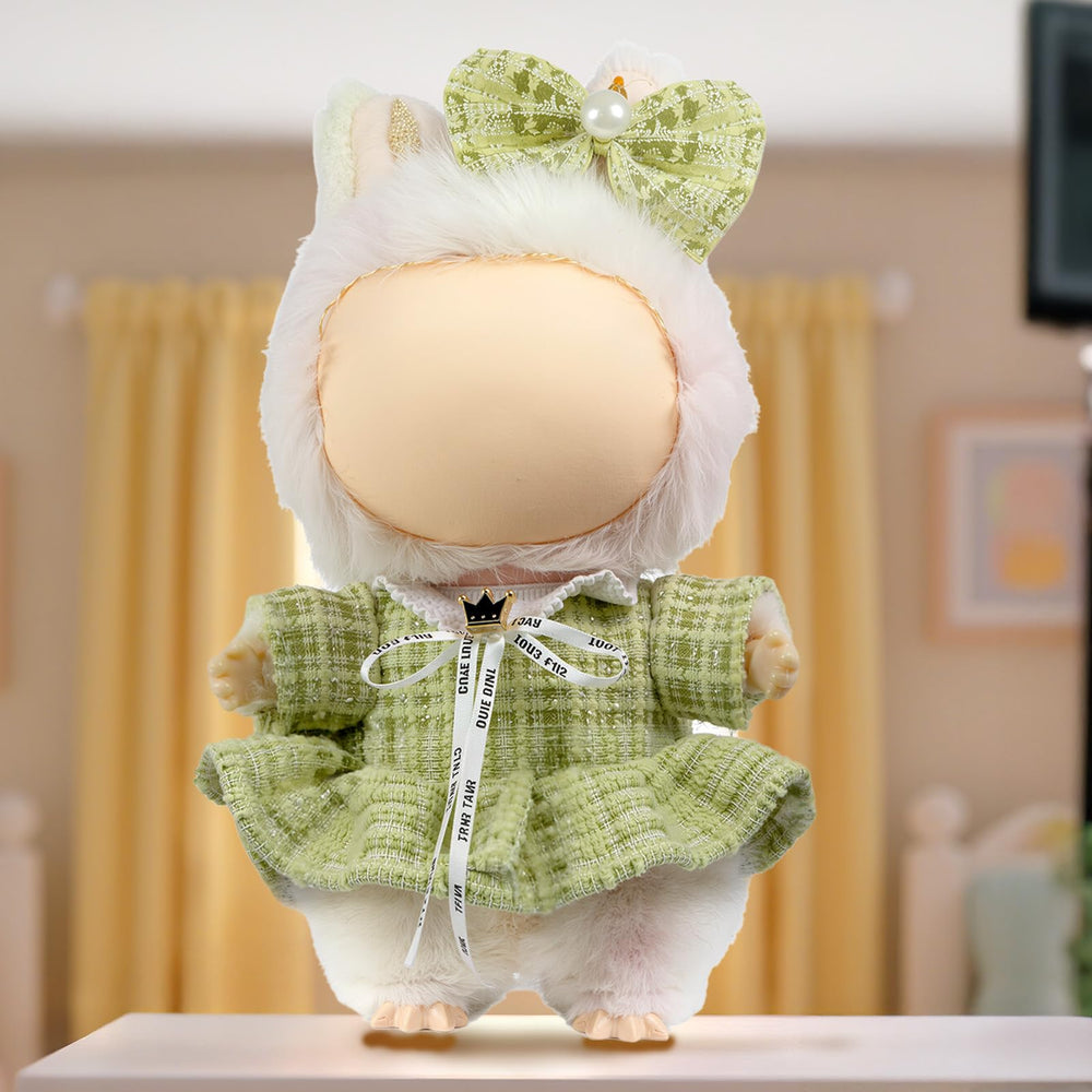 LABUBU plaid tweed dress in green offers timeless style for play and display.