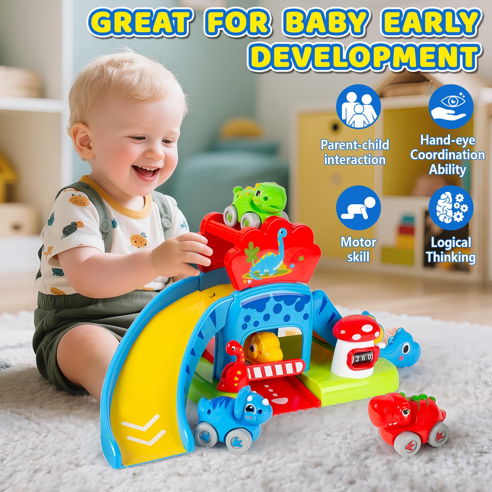 Four friction-powered dino cars enhance cooperative play and fine motor practice.
