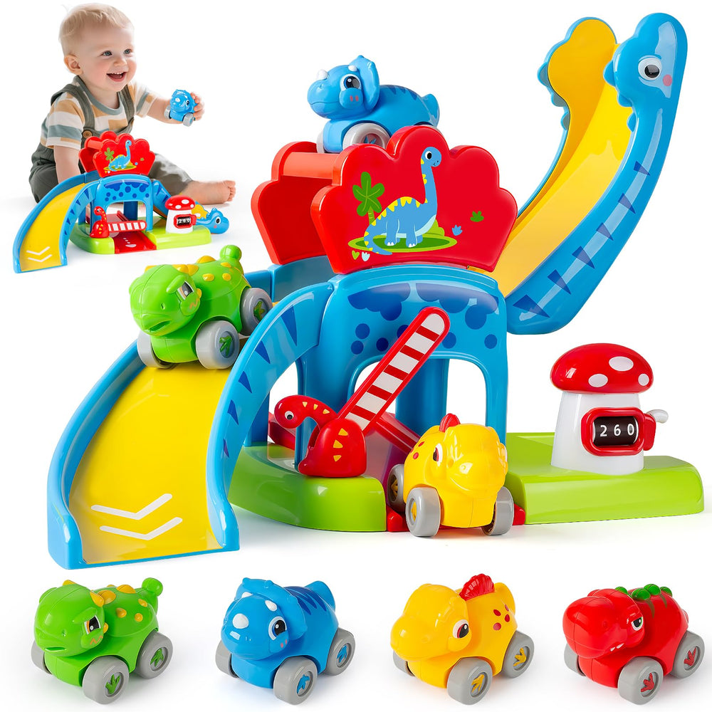 LACCHOUFEE Dino race track with mommy Brachiosaurus slide boosts imaginative play.